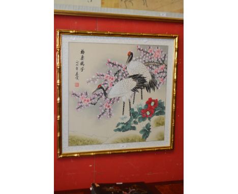 A Japanese print, Cranes Amongst Blossom, gilt bamboo effect frame