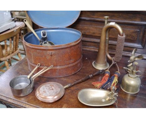 A copper and brass bugle; three graduated miniature copper bells, pans; other metalware; qty