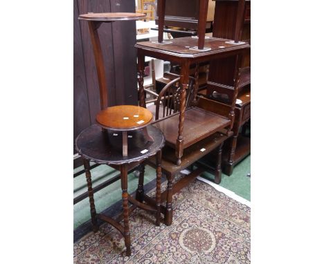 A burr walnut veneered cake stand;  an oak occasional table, scalloped circular top, bobbin turned supports;  an oak occasion