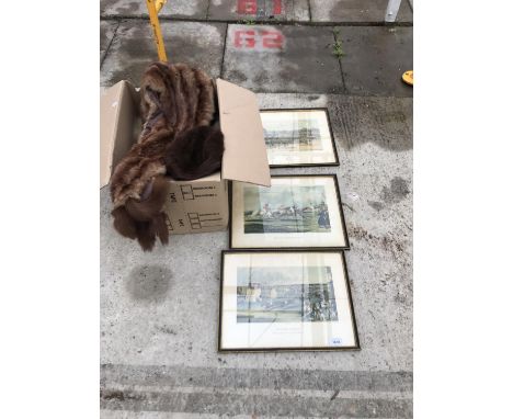 THREE FRAMED PRINTS OF HORSE RACING AND A BOX OF LADIES FUR ITEMS 