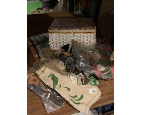 A VINTAGE SEWING BOX AND ITEMS RELATING TO TAPESTRY MAKING 
