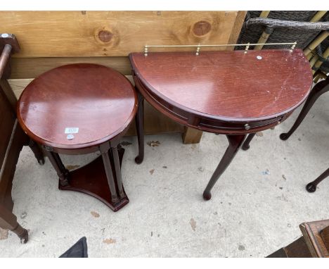 A MAHOGANY LAMP TABLE AND A MAHOGANY DEMI LUNE HALL TABLE 