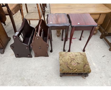 TWO MAHOGANY MAGAZINE RACKS, TWO MAHOGANY LAMP TABLES AND A SMALL GALLERIED OAK FOOR STOOL 