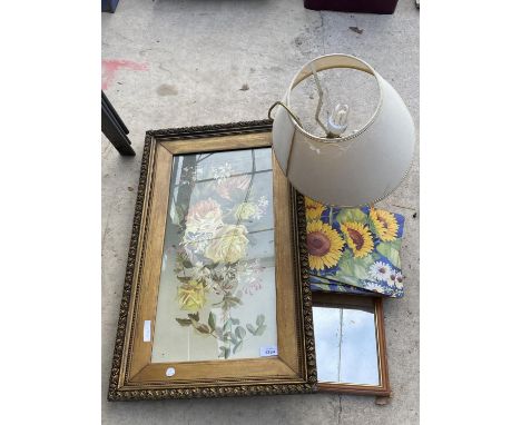 A FRAMED PRINT, TWO MIRRORS A TABLE LAMP AND PLACE MATS 
