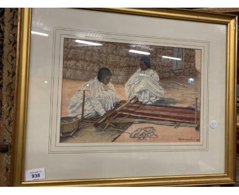 A GILT FRAMED PRINT SIGNED A RASAMOELINA (1918) OF TWO GIRLS WEAVING 