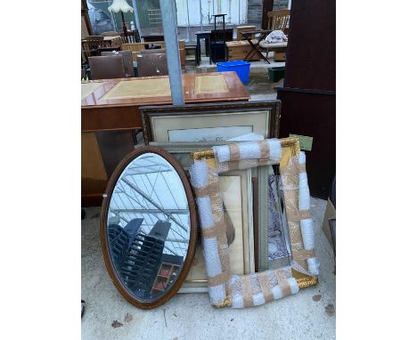 AN ASSORTMENT OF FRAMED PRINTS AND PICTURES TO INCLUDE AN OVAL BEVEL EDGE FRAMED MIRROR 
