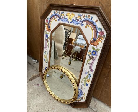 A PAIR OF MIRRORS TO INCLUDE A LARGE WOODEN TILE MIRROR AND A BEVELED GILT OVAL MIRROR 