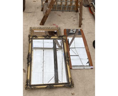 THREE MIRRORS TO INCLUDE TWO BEVELED EDGE GILT FRAMED AND A FURTHER WOODEN FRAMED MIRROR 