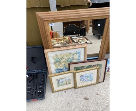 AN ASSORTMENT OF PRINTS AND PICTURES TO INCLUDE A LARGE FRAMED MIRROR 
