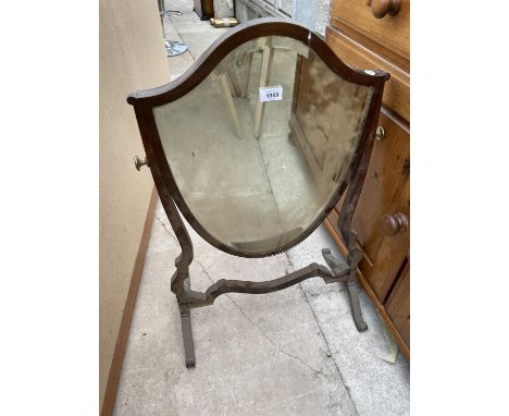 AN EDWARDIAN MAHOGANY AND INLAID SHIELD SHAPED SWING FRAME VANITY MIRROR 
