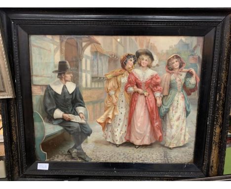 A LARGE WOODEN FRAMED PRINT OF A TUDOR STYLE STREET SCENE 