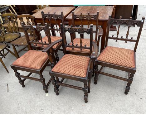 THREE ERCOL ELM DINING CHAIRS AND TWO CARVERS 