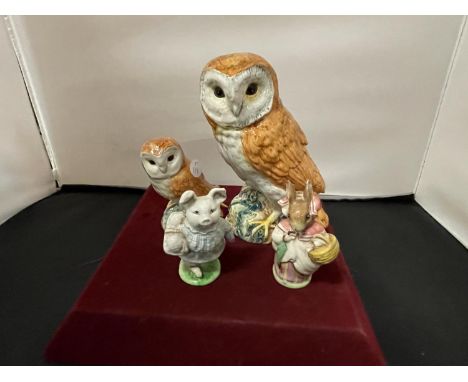 A LARGE BESWICK OWL 1046, A SMALLER OWL 2-26 AND TWO BEATRIX POTTER CHARACTERS, 'MISS RABBIT' AND 'LITTLE PIG ROBINSON', ALSO