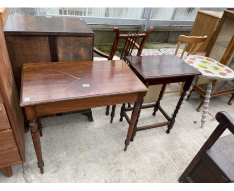 AN EDWARDIAN MAHOGANY SIDE-TABLE, BARLEYTWIST OAK OCCASIONAL TABLE AND A PAINTED GYPSY TABLE ON BOBBIN LEGS 