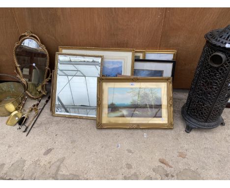 A LARGE COLLECTION OF DECORATIVE FRAMED PRINTS TO ALSO INCLUDE A BEVELED EDGE FRAMED MIRROR 