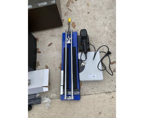 AN ASSORTMENT OF ITEMS TO INCLUDE AN ELECTRIC SANDER,A LOCK BOX AND A TILE CUTTER 