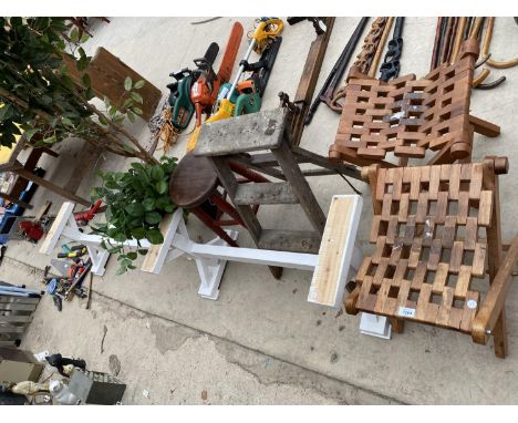 A LARGE QUANTITY OF ITEMS TO INCLUDE BAR STOOL, VINTAGE STEP LADDER, LARGE WOODEN GARDEN BENCH BASE, TWO FOLD AWAY STOOLS ETC