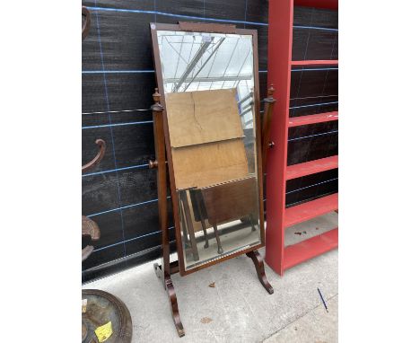 AN MAHOGANY BEVEL EDGE CHEVAL MIRROR