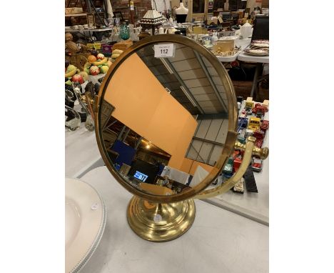 A BRASS 19TH CENTURY STYLE SWING VANITY MIRROR ON PEDESTAL BASE 