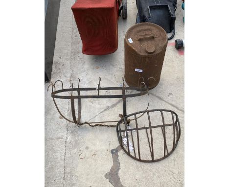 A VINTAGE WATER BUTT AND TWO VINTAGE WALL HANGING PLANTERS 