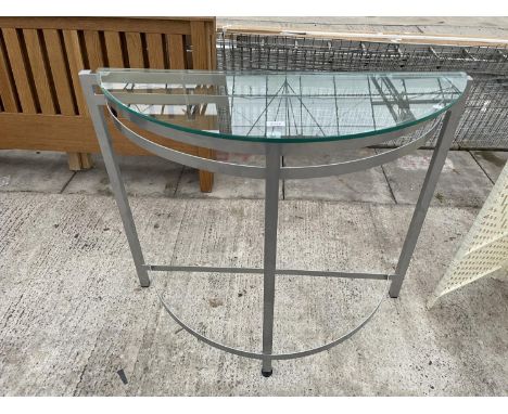A METALWARE AND GLASS CONSOLE TABLE, 42" WIDE 