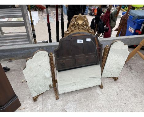 A PARTIALLY GILT FRAMED THREE DIVISIION TRIPLE DRESSING TABLE MIRROR 