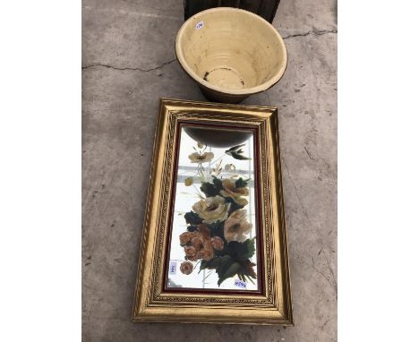 A GILT FRAMED PAINTING ON A MIRROR BACKGROUND WITH A LARGE CERAMIC PLANT POT 