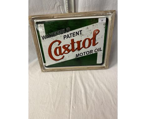 A VINTAGE STYLE METAL ENAMEL "CASTROL MOTOR OIL" SIGN WITH WOODEN FRAME - 34CMS X 44CMS 