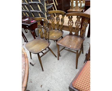 THREE ERCOL ELM DINING CHAIRS WITH PRINCE OF WALES FEATHER DESIGN 