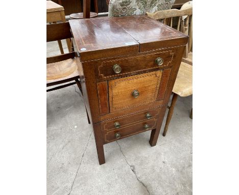 A REGENCY MAHOGANY AND INLAID WASHSTAND COMMODE WITH PULL-UP VANITY MIRROR WITH ENAMEL BASIN BUT LACKING CERAMIC POT 