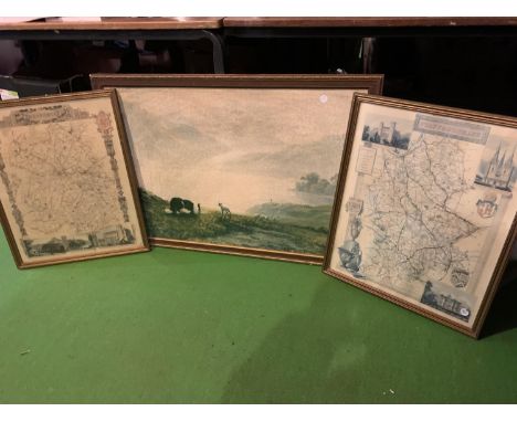 A PAIR OF FRAMED REFERENCE MAPS OF STAFFORDSHIRE AND SHROPSHIRE AND A FRAMED PRINT ON BOARD OF A SHEEPDOG AND LAMB WITH THE F