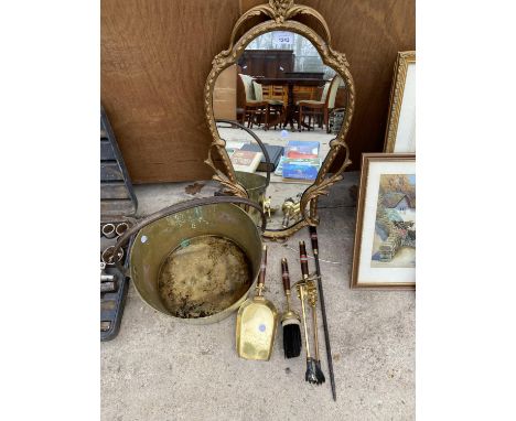 A VINTAGE BRASS JAM PAN, A FIRE COMPANION SET AND AN ORNATE MIRROR 