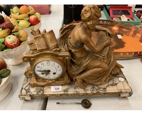 A SPELTER FIGURINE MANTLE CLOCK ON MARBLE BASE 