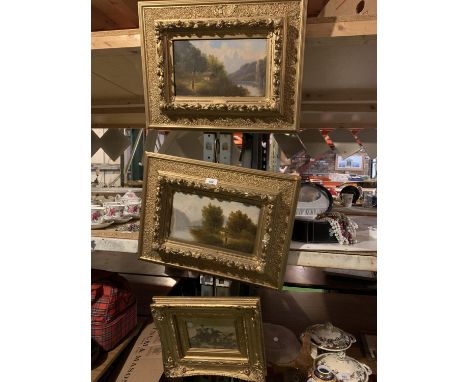 A PAIR OF OIL ON BOARD GILT FRAMED PICTURES AND A FURTHER SMALLER GILT FRAMED PRINT 