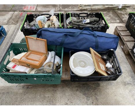 AN ASSORTMENT OF HOUSEHOLD CLEARENCE ITEMS TO INCLUDE TWO TENTS, CAMPING CHAIRS AND CERAMIC WARE 