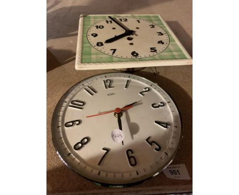 A RETRO METAMEC BATTERY OPERATED WALL CLOCK AND A FURTHER RETRO WALL CLOCK WITH CERAMIC FACE 