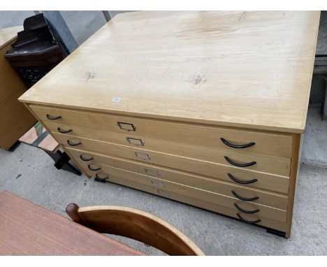 A MODERN LIGHT WOOD SIX DRAWER JUMBO PLAN CHEST, 52" WIDE 