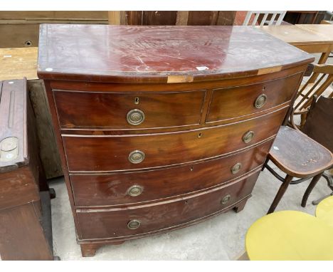A 19TH CENTURY BOWFRONTED CHEST OF TWO SHORT AND THREE LONG DRAWERS ON BRACKET FEET 