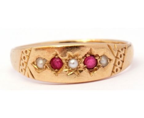 Late Victorian 18ct gold ruby and seed pearl ring, alternate set with 2 round rubies and 3 small seed pearls, each individual