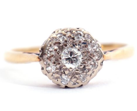 Diamond cluster ring, the circular panel centring a brilliant cut diamond, 0.10ct approx, within a single cut diamond surroun