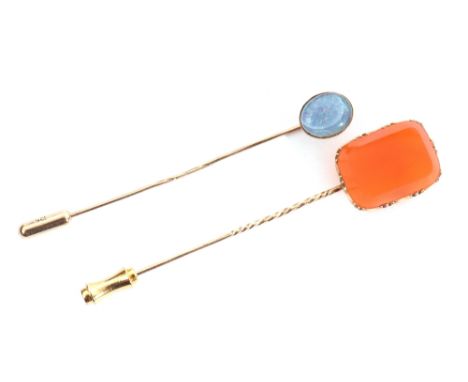 Mixed Lot: antique stick pin, the finial with a rectangular carnelian stone together with a 9ct stamped example featuring an 