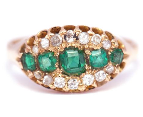 Emerald and diamond ring, the central row set with 5 graduated square cut emeralds between 2 rows of old cut diamonds, all in