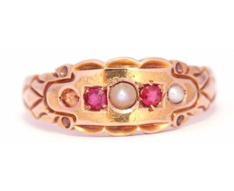 Victorian 15ct gold pearl and ruby ring, alternate set with seed pearls and round faceted rubies (one seed pearl missing), gr