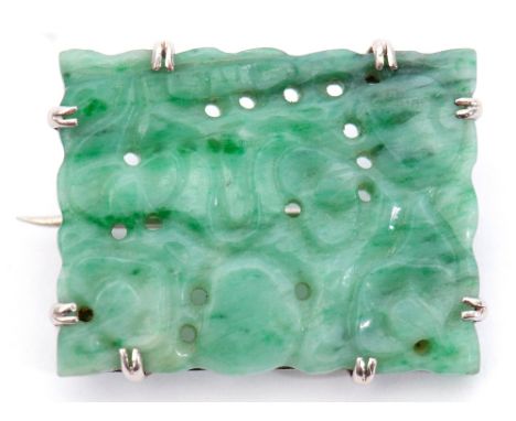Vintage  Chinese carved jade panel brooch, the rectangular shaped panel pierced and carved with a foliate design, framed in a