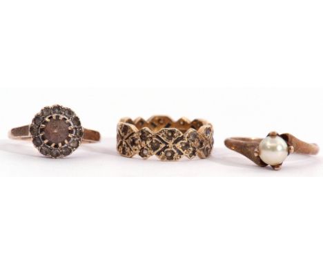 Mixed Lot: 9ct gold and cultured pearl ring, a 9ct gold paste set band, together with a 9ct gold paste set flower head ring, 