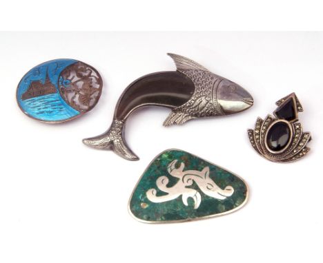 Mixed Lot: Siam sterling and enamel brooch, a Mexican sterling and enamel brooch, a 925 onyx and marcasite brooch, together w