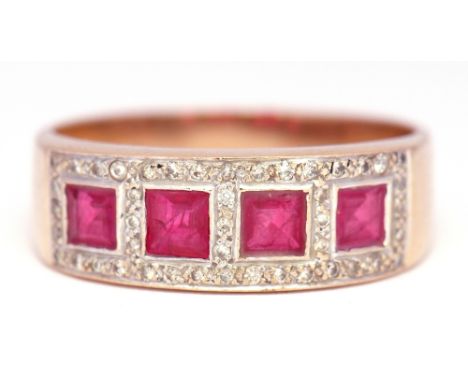 Modern 9ct gold ruby and diamond ring featuring 4 calibre cut square rubies framed throughout with small diamonds, size R/S, 