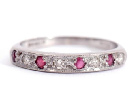 18ct white gold ruby and diamond half eternity ring, alternate set with 4 found faceted round rubies and 4 single cut diamond