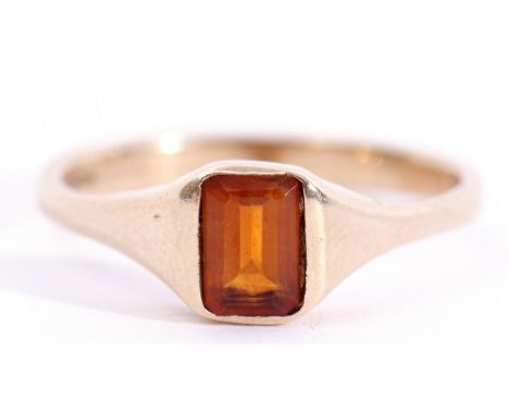 9ct gold citrine ring, the emerald cut dark citrine in a rub-over square profile shank, London, 1982, size N, 2.6gms