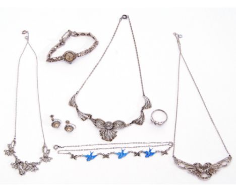 Mixed Lot: a vintage marcasite and blue enamel bird decorated necklace, stamped silver, two further marcasite set necklaces, 